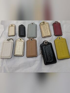 Lot Of 10 Coach Leather Bag Tags in White, Black, Gray, Gold, Red, Yellow, Tan
